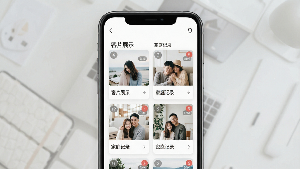 图秀主页智能相册聚合功能界面,画面主体为手机屏幕,屏幕内显示多个相册分组卡片,卡片上有「客片展示」「家庭记录」等文字标签,布局为网格状排列,排版整齐,风格清新简约,细节包含相册缩略图与数量角标,画质清晰,干净,无多余元素