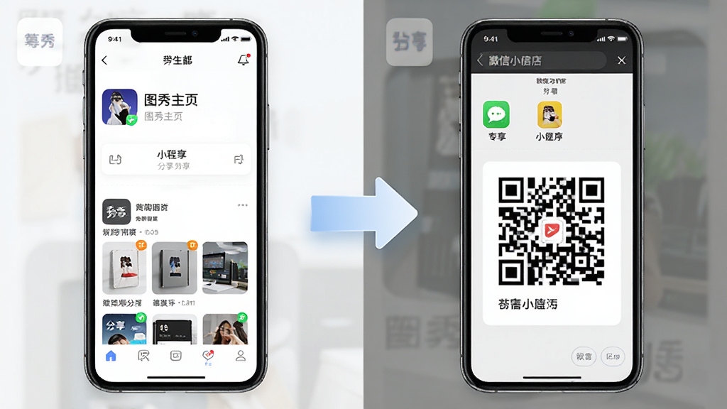 图秀主页专属小程序分享功能示意图,画面主体为两部手机,左侧手机显示图秀主页应用界面,右侧手机显示微信小程序浏览页面,布局左右对照,排版清晰,风格为写实科技风,细节包含分享箭头与小程序码,画质清晰,干净,无多余元素