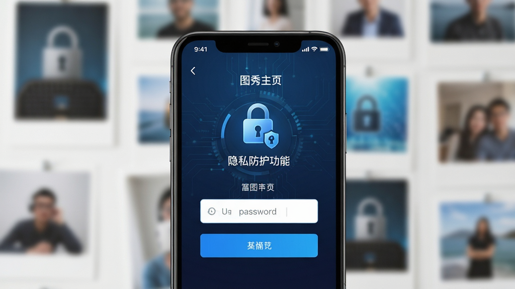 图秀主页隐私安全防护功能示意图,画面主体为手机屏幕显示密码输入界面,背景为模糊的照片墙,布局居中,排版简洁,风格为安全科技风,细节包含锁形图标与加密标识,画质清晰,干净,无多余元素