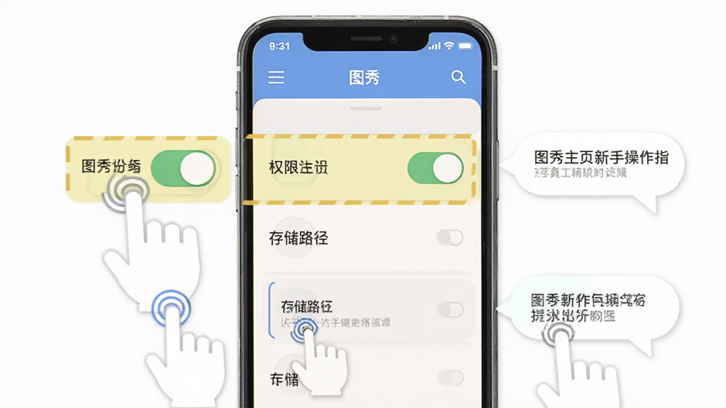 图秀主页新手操作指引示意图,画面主体为手机屏幕显示图秀主页设置界面,界面中高亮标注权限开关与存储路径选项,布局为竖向列表,排版清晰,风格为扁平化教学风,细节包含手指点击图标与提示气泡,画质清晰,干净,无多余元素