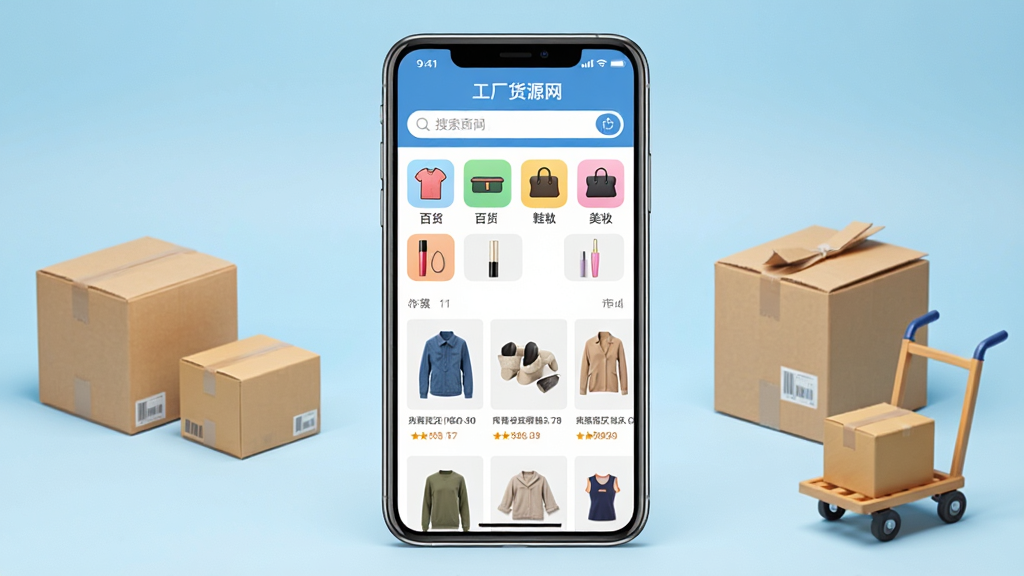 一款名为“工厂货源网”的手机应用界面展示图,画面中央放置一部智能手机,手机屏幕上显示工厂货源网APP首页,首页顶部有搜索栏,中间是服装、百货、鞋包、美妆等分类图标,下方是商品列表缩略图,背景为浅蓝色渐变,周围点缀纸箱、包裹、小推车等物流元素,风格简洁现代,画质清晰,干净,无多余元素