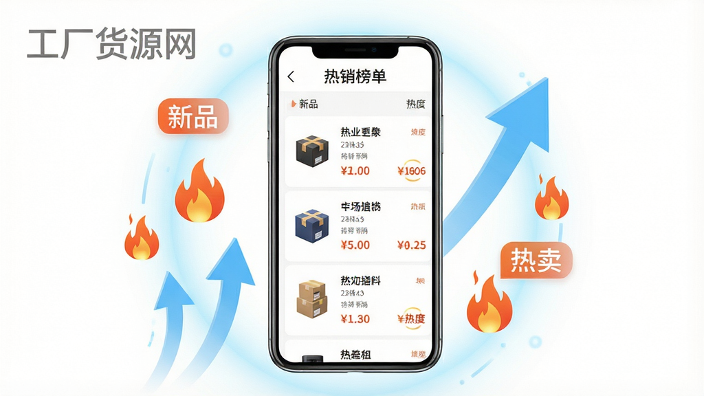 一张“工厂货源网”热销榜单功能展示图,画面中央是一部手机,屏幕显示热销榜单页面,榜单上有商品图片、名称、价格和热度标识,手机周围环绕上升的箭头、火焰图标和“新品”“热卖”标签,背景为白色,点缀淡蓝色光晕,风格现代科技感,画质清晰,干净,无多余元素
