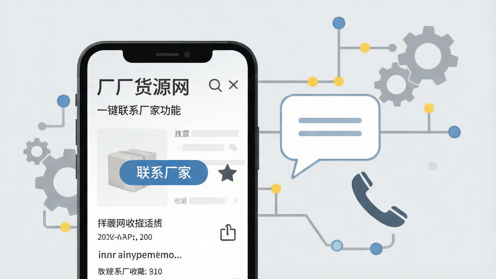 一幅“工厂货源网”一键联系厂家功能的示意图,画面中一部手机屏幕显示商品详情页,页面上有“联系厂家”按钮和收藏图标,手机旁边有一个对话气泡和电话图标,背景为浅灰色,点缀齿轮和连接线元素,风格简约商务,画质清晰,干净,无多余元素