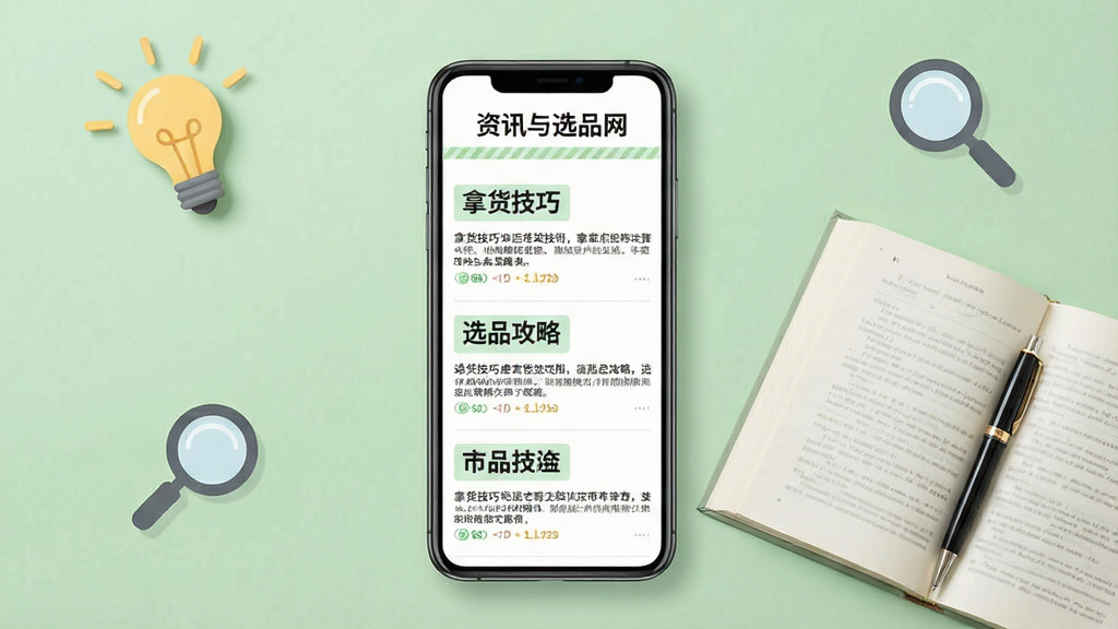 一张“工厂货源网”资讯与选品参考页面的展示图,画面中央是手机屏幕显示文章列表,文章标题包含“拿货技巧”“选品攻略”等字样,手机旁边放着一本打开的书和一支笔,背景为浅绿色,点缀灯泡和放大镜图标,风格清新淡雅,画质清晰,干净,无多余元素