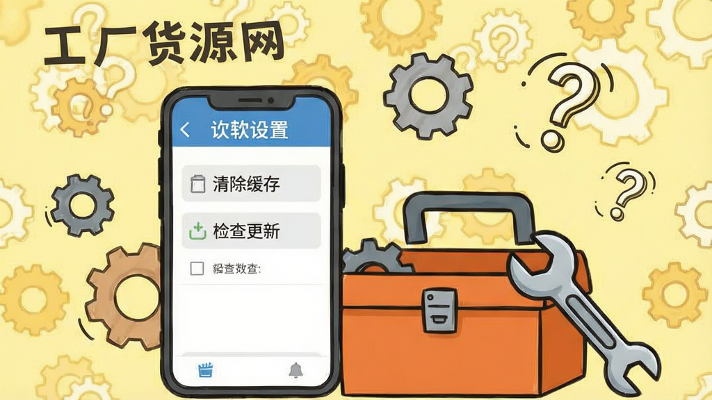 一幅“工厂货源网”使用技巧示意图,画面中一部手机显示软件设置页面,页面有“清除缓存”“检查更新”等选项,手机旁边有一个工具箱和一把扳手,背景为浅黄色,点缀齿轮和问号图标,风格轻松活泼,画质清晰,干净,无多余元素