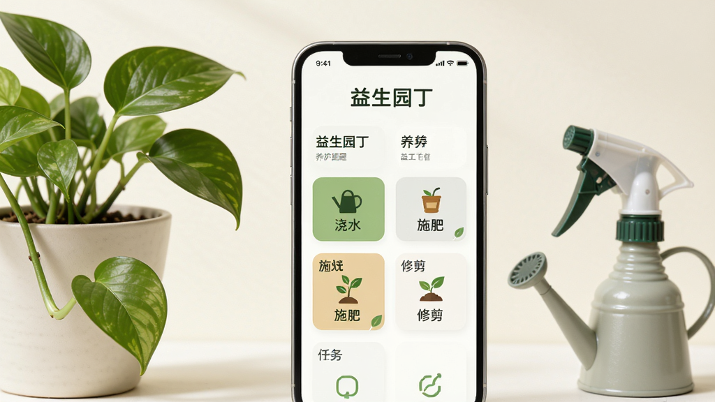 生成一张AI图片,画面主体为一部手机屏幕,屏幕上显示「益生园丁」的养护提醒界面,有浇水、施肥、修剪等任务卡片整齐排列,手机旁边放着一盆绿萝和一个小喷壶,背景为柔和的米白色,布局简洁,风格清新写实,画质高清干净,无多余元素