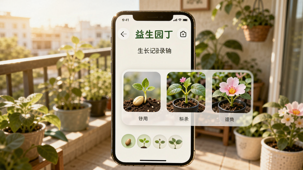 生成一张AI图片,画面展示「益生园丁」的生长记录时间轴界面,手机屏幕上排列着植物不同生长阶段的照片,从种子到开花,背景是阳台种植角,有阳光洒落,风格温馨自然,布局清晰,画质干净,无多余元素