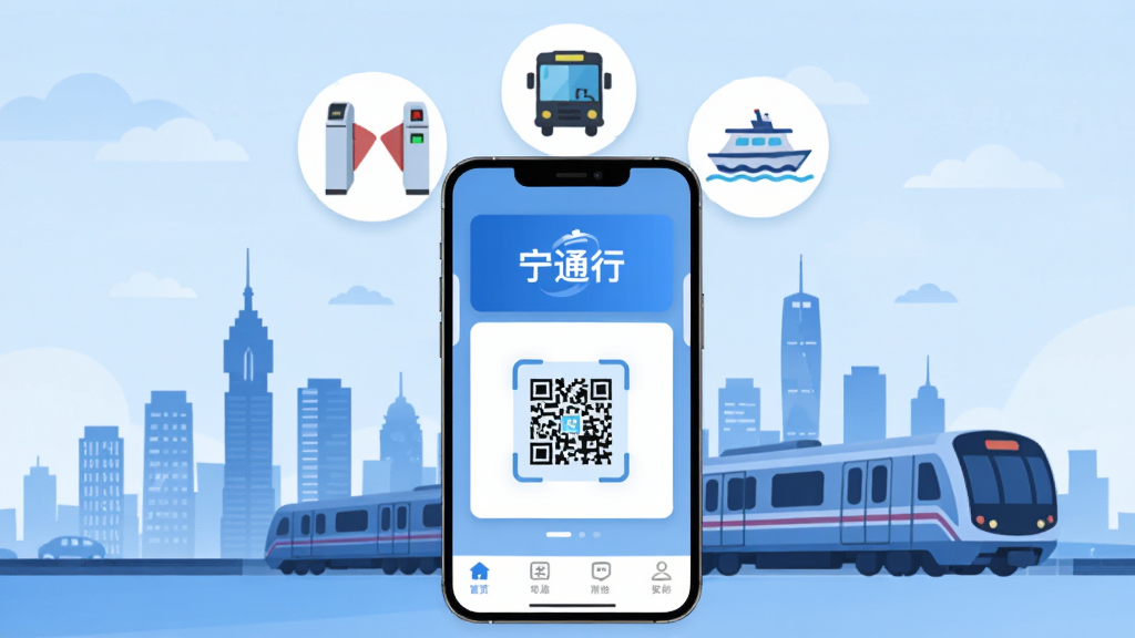 手机屏幕中央显示“宁通行”APP主界面,背景是南京城市天际线与地铁列车剪影,画面主体为一部竖屏智能手机,手机上方漂浮着地铁闸机、公交车、轮渡的扁平化图标,布局采用居中构图,风格为现代科技感扁平插画,细节包括蓝色主色调、简洁卡片式界面、二维码扫描框、底部导航栏,画质高清、干净、无多余元素