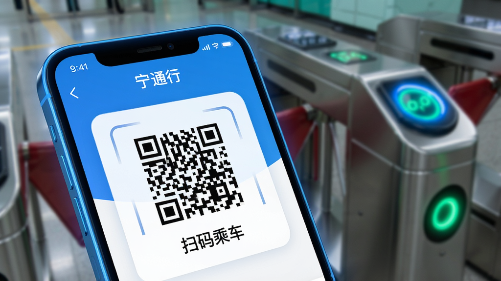 画面展示“宁通行”APP的乘车码界面,主体为手机屏幕特写,屏幕上显示醒目的二维码和“扫码乘车”字样,背景为虚化的地铁闸机场景,布局采用前后景分层,风格为写实科技风,细节包括手机边框、蓝色光效、闸机感应区高亮,画质高清、干净、无多余元素