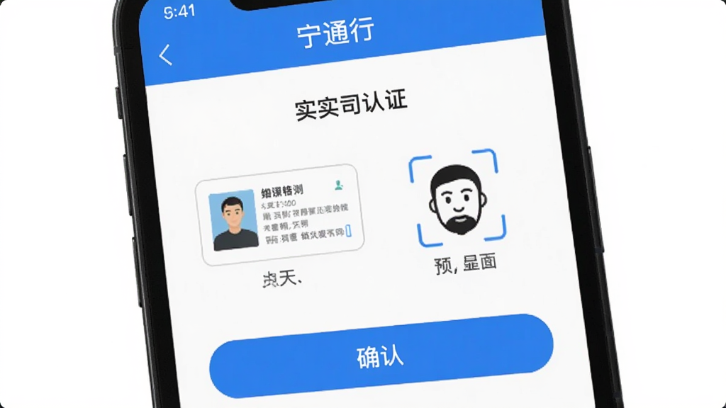 手机屏幕显示“宁通行”APP的实名认证页面,主体为手机界面特写,布局采用居中构图,风格为简洁扁平化设计,细节包括身份证上传框、人脸识别图标、蓝色确认按钮,画质高清、干净、无多余元素