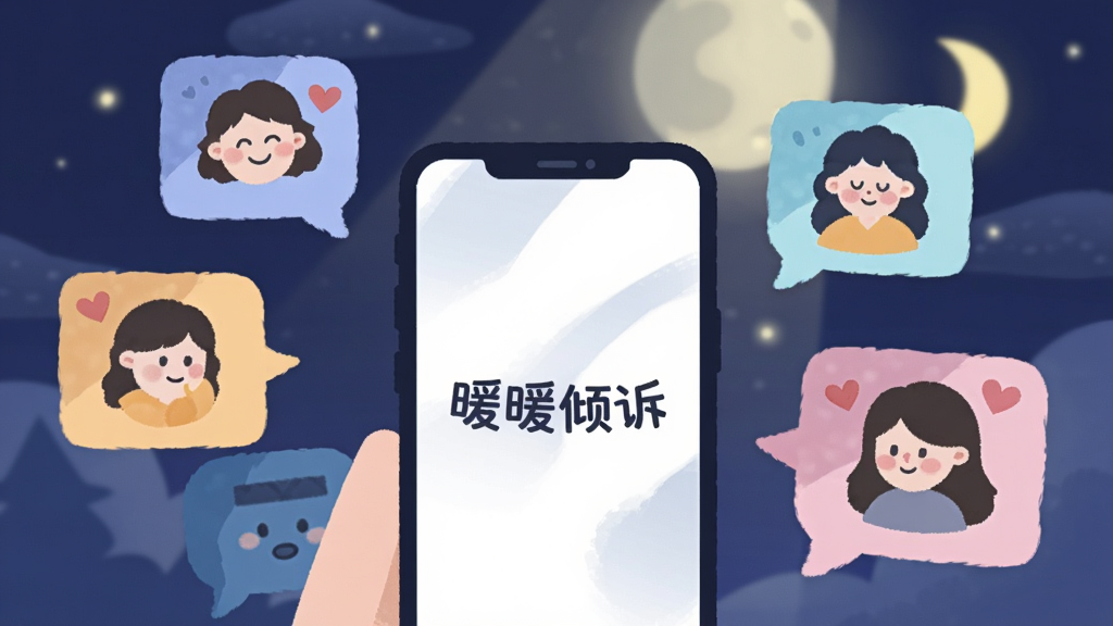 一个温馨的匿名倾诉场景插画,画面中有一个带有