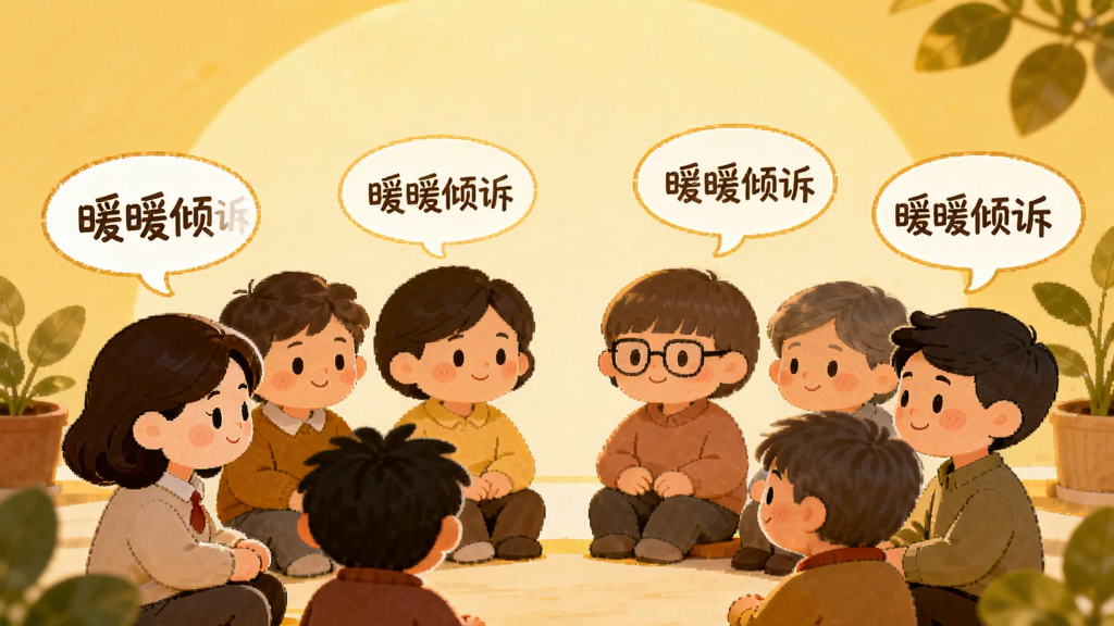一个温暖的社区场景图,画面中有多个卡通人物围坐在一起,每个人物头顶有一个对话气泡,气泡中写有