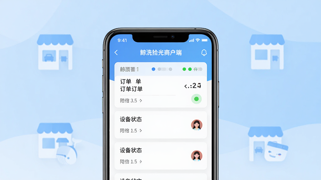 鲸洗拾光商户端软件主界面展示,画面中央是一部智能手机,屏幕显示商户端订单管理页面,顶部有鲸洗拾光商户端文字标识,背景为浅蓝色渐变与简洁的店铺图标元素,布局为居中构图,风格为扁平化科技风,细节包括订单列表卡片、设备状态指示灯、会员头像小图标,画质清晰,干净,无多余元素