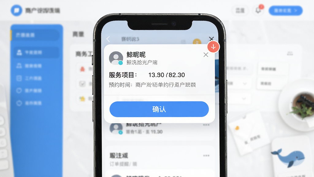 鲸洗拾光商户端订单提醒功能展示,画面为手机屏幕特写,屏幕上方弹出订单通知卡片,卡片内包含顾客昵称、服务项目、预约时间等文字信息,背景为简洁的商户工作台场景,布局为手机居中放置,风格为写实UI风格,细节有通知角标和确认按钮,画质清晰,干净,无多余元素