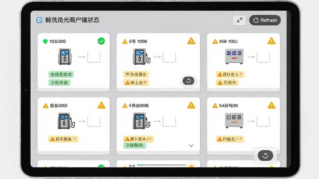 鲸洗拾光商户端设备管理界面展示,画面为平板电脑或手机屏幕,屏幕内显示多台自助洗车设备的图标与状态标签,有绿色在线标识和黄色报警标识,背景为简洁的灰色网格,布局为网格状排列,风格为数据可视化风格,细节包括设备编号、状态文字、刷新按钮,画质清晰,干净,无多余元素