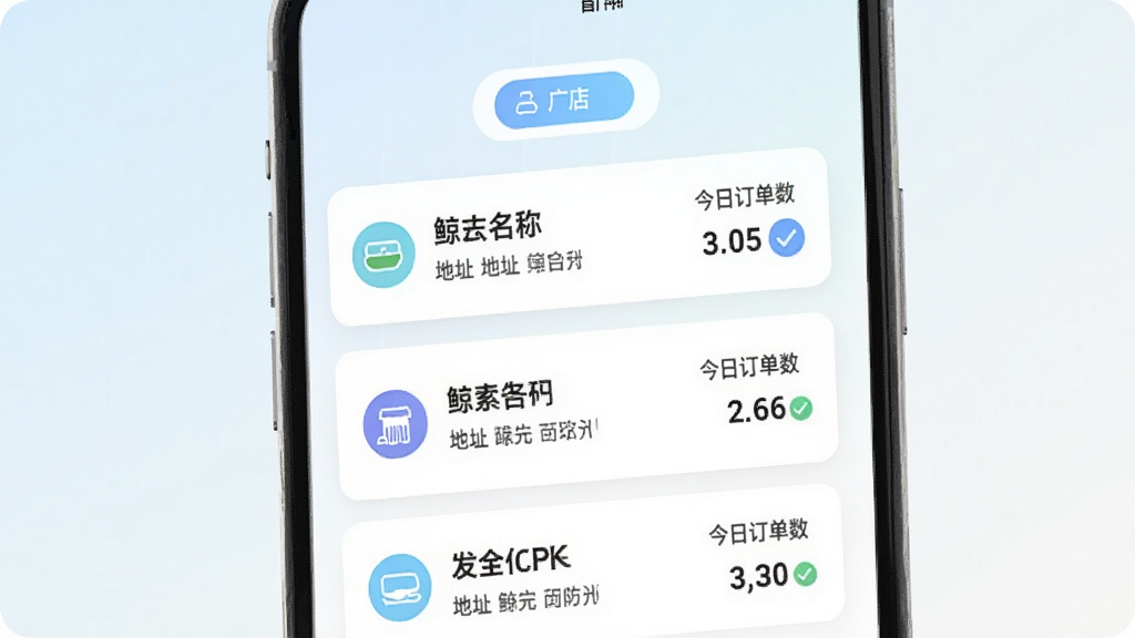 鲸洗拾光商户端多门店管理界面,画面为手机屏幕显示门店列表,每个门店卡片包含门店名称、地址、今日订单数,顶部有切换门店按钮,背景为浅色渐变,布局为卡片列表,风格为清新简约风格,细节包括门店图标、选中状态勾选标记,画质清晰,干净,无多余元素