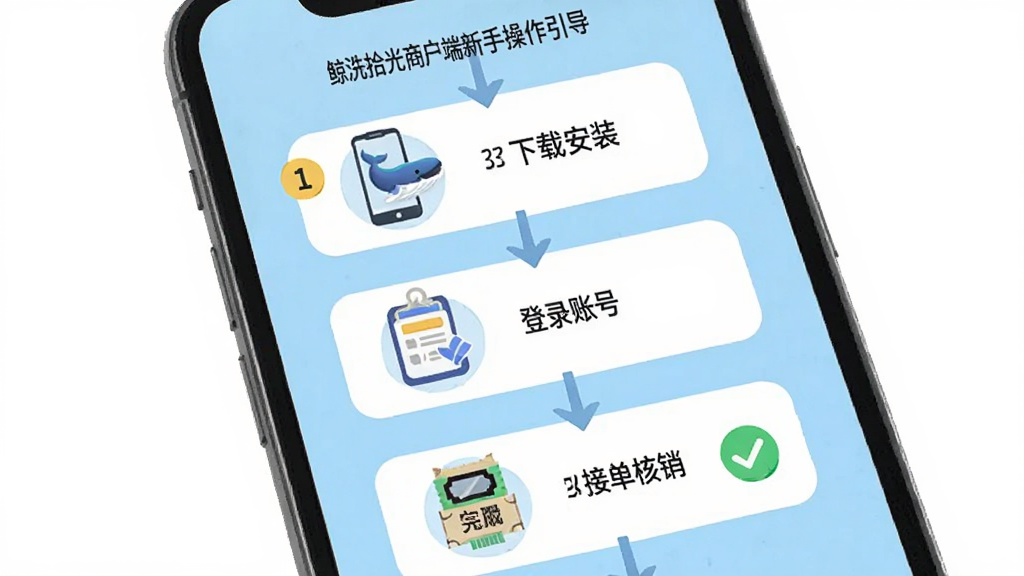 鲸洗拾光商户端新手操作引导页面,画面为手机屏幕显示分步引导图,第一步下载安装,第二步登录账号,第三步接单核销,每步配有图标和简短文字,背景为浅蓝色,布局为纵向步骤条,风格为扁平插画风格,细节包括数字序号、箭头指引、完成勾选,画质清晰,干净,无多余元素