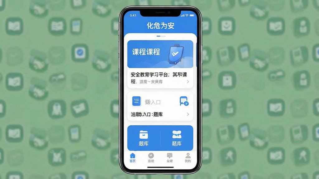 一张手机屏幕展示安全教育学习平台的界面,主体为手机正视图居中放置,布局上方为应用标题栏显示