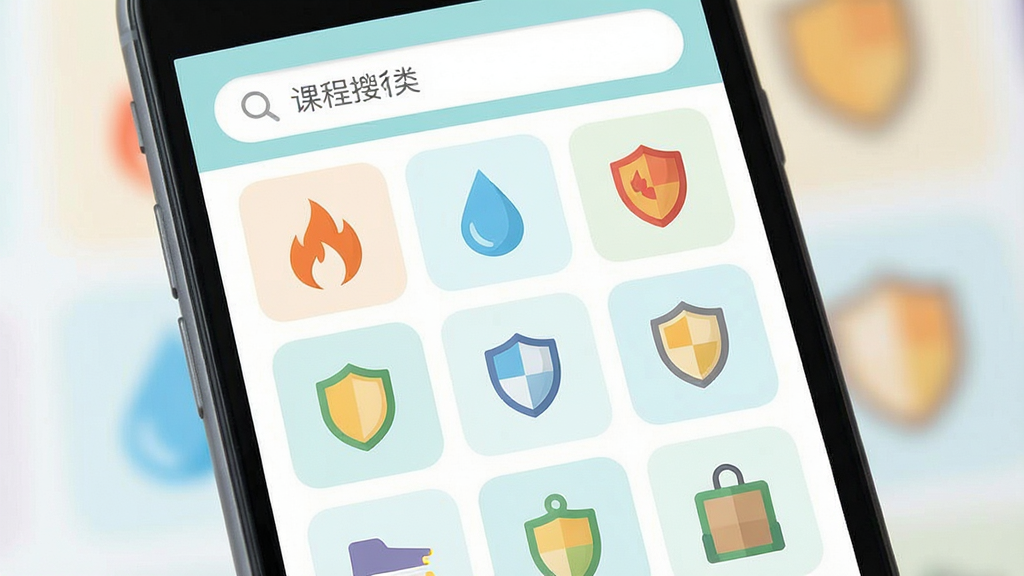 一张展示安全教育课程分类的界面截图风格图片,主体为手机应用页面,布局为顶部搜索栏加下方宫格排列的课程分类图标,排版整齐有序,风格为清新浅色扁平设计,细节包括各类安全图标如火焰、水滴、盾牌等元素,画质高清干净无多余元素