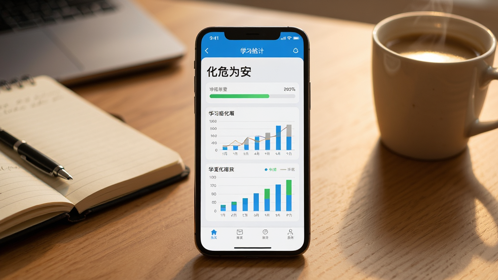 一部智能手机放置在桌面上显示化危为安应用的学习统计页面,主体为手机和桌面环境,布局为手机居中、周围有笔记本和咖啡杯作为点缀,排版自然,风格为写实生活场景,细节包括屏幕上的进度条和图表、温暖的室内光线,画质高清干净无多余元素
