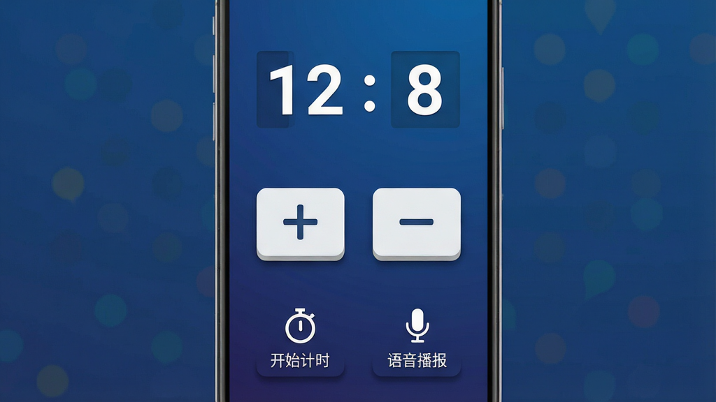 一张展示全能计分器手机应用主界面的图片,画面中心为一部竖屏安卓手机,屏幕显示深蓝色渐变背景的计分面板,上方有醒目的比分数字“12 : 8”,下方排列着加号与减号按钮,底部有“开始计时”和“语音播报”图标,布局简洁,风格为现代扁平化科技风,细节上按钮带有轻微立体阴影,画质清晰,干净,无多余元素