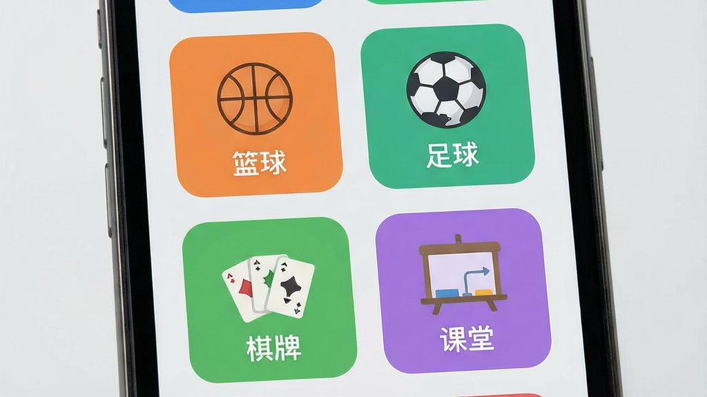 一幅展示全能计分器多场景计分模板选择界面的图片,画面主体为手机屏幕特写,屏幕上以网格形式排列着“篮球”“足球”“棋牌”“课堂”等彩色图标卡片,每张卡片带有简笔画运动图案,背景为浅灰色,布局整齐,风格为清新简约的扁平化设计,细节上图标边缘圆润,画质清晰,干净,无多余元素