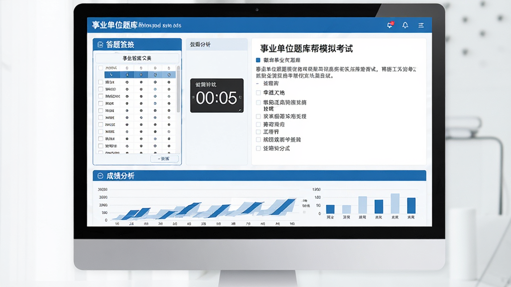 电脑屏幕上显示事业单位题库帮模拟考试界面,左侧是答题卡和倒计时器,右侧是题目和选项,屏幕下方有成绩分析图表,整体界面专业简洁,蓝白配色,数据可视化清晰,高清画质,无多余元素