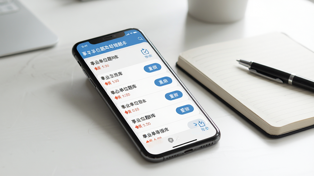手机屏幕上显示事业单位题库帮错题本界面,列表中有多道错题记录并标注错误次数,旁边有重做按钮和导出图标,背景是书桌场景,手机旁边放着笔记本和笔,自然光线,高清画质,画面干净整洁,无多余元素