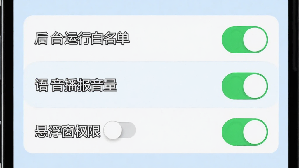 一部手机屏幕显示全能计分器设置界面,界面中包含“后台运行白名单”“语音播报音量”“悬浮窗权限”等选项开关,背景为淡蓝色,风格为清爽工具类UI,细节上开关按钮为绿色高亮状态,画质清晰,干净,无多余元素
