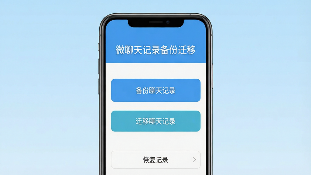 一张展示微聊天记录备份迁移软件主界面的图片,画面中央是手机屏幕,屏幕中显示软件首页,顶部有软件名称微聊天记录备份迁移字样,中间有备份聊天记录和迁移聊天记录两个大按钮,底部有恢复记录选项,背景为浅蓝色渐变,界面干净整洁,风格为扁平化UI设计,画质清晰,无多余元素
