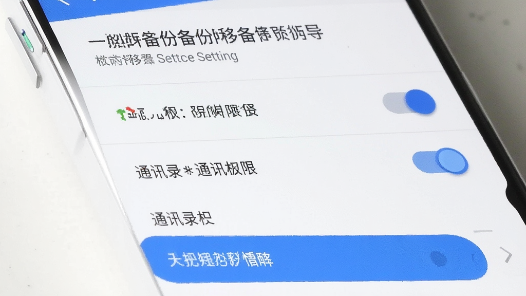 一张手机屏幕截图风格的图片,画面显示微聊天记录备份迁移的权限设置引导页面,屏幕上有存储权限、通讯录权限等开关按钮,背景为白色,界面简洁,风格为安卓Material Design,画质清晰,干净无多余元素
