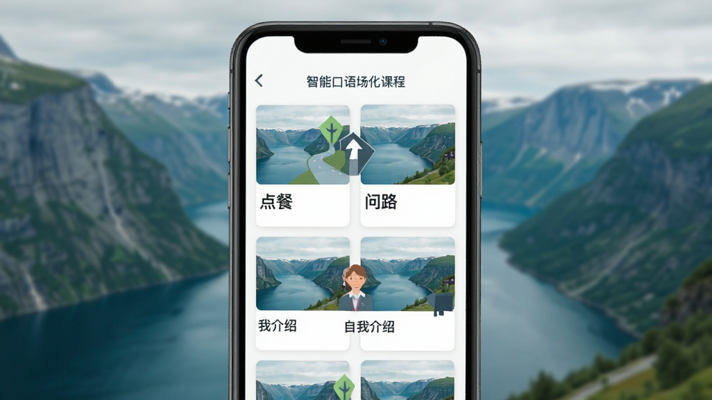 挪威语智能口语场景化课程界面,主体为手机屏幕显示多个课程卡片,卡片上印有“点餐”“问路”“自我介绍”等文字,布局为网格排列,风格为清新扁平化,细节包含挪威峡湾背景小图,画质清晰干净,无多余元素
