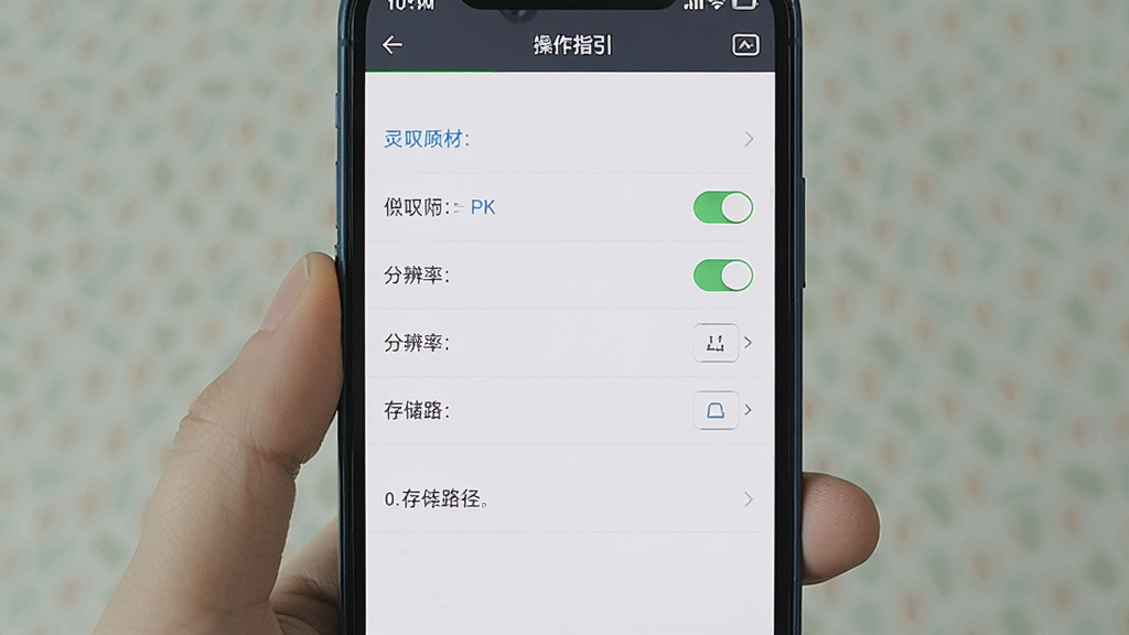 高清屏幕录制助手 新手操作指引 主体为手机屏幕显示录屏设置界面 布局为设置选项纵向排列 排版清晰 风格为扁平化设计 细节包括权限开关、分辨率选择、存储路径 画质清晰 干净 无多余元素