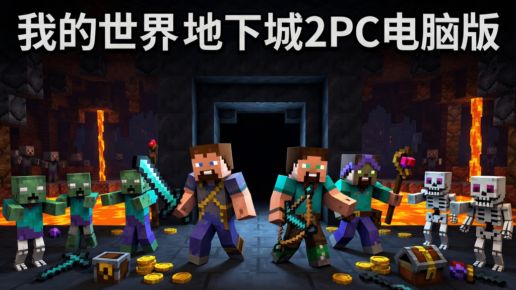 一张以“我的世界:地下城2PC电脑版”为主题的游戏宣传图,画面主体为四位像素风格的英雄角色站在幽暗的地下城入口,前方是成群结队的僵尸与骷髅怪物,背景是深邃的洞穴与发光的岩浆,布局采用中心对称构图,排版上方留出天空区域,风格为3D像素卡通渲染,细节包括角色手中的剑、弓、法杖等武器,地面散落着金币与装备,画质高清,干净,无多余元素