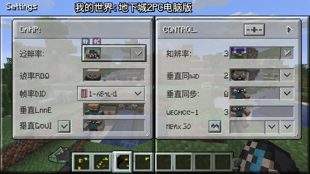 一张展示“我的世界:地下城2PC电脑版”新手操作界面的图片,画面主体为游戏内的设置菜单与按键提示,布局采用上下分栏,排版左侧为图形设置选项,右侧为控制设置,风格为像素UI风格,细节包括分辨率、帧率、垂直同步等选项,画质高清,干净,无多余元素