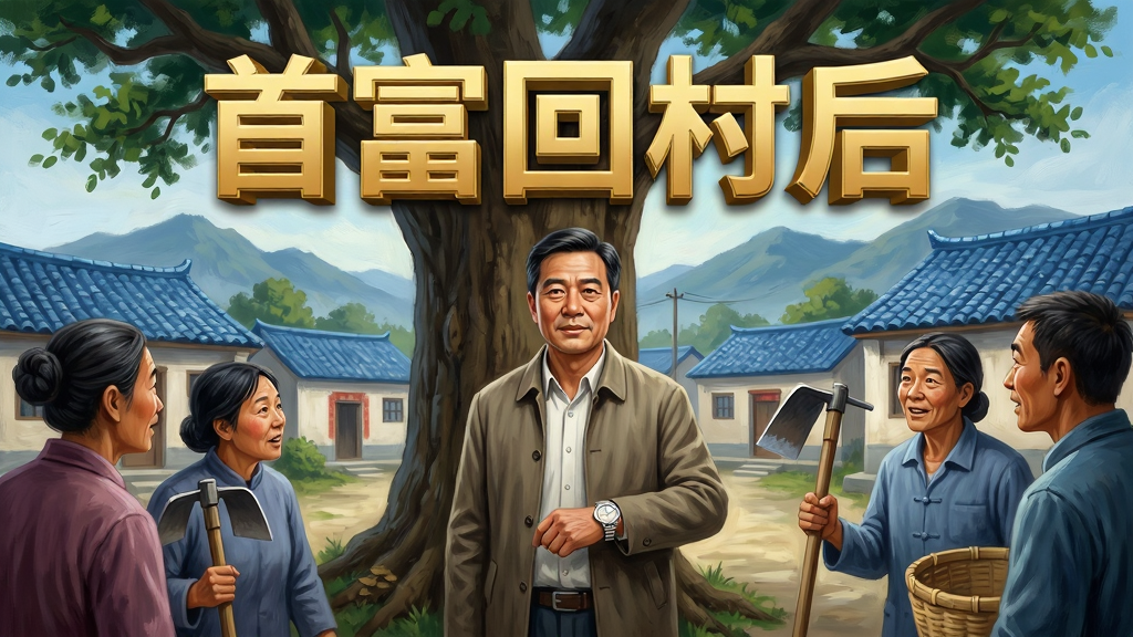 首富回村后软件主视觉图,画面中央是一位身穿朴素外套的中年男子站在村口老槐树下,身后是错落的青瓦农房与远山,前景有几位村民好奇张望,布局采用中心对称构图,排版上标题“首富回村后”以金色立体字悬浮于画面上方,风格为写实厚涂插画,细节包括男子手腕上不经意露出的名表、村民手中握着的锄头与竹篮,画质高清,干净,无多余元素