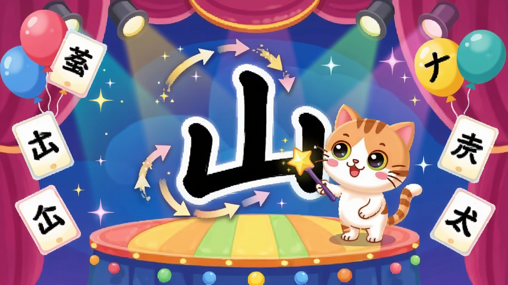 一只可爱的卡通小猫在彩色舞台上用魔法棒点出汉字“山”,周围环绕着动画效果的笔画顺序箭头,主体为小猫和汉字,布局为中央舞台、四周飘浮汉字卡片,排版活泼,风格为儿童卡通,细节包括闪光特效、彩色气球、圆润字体,画质高清、干净、无多余元素