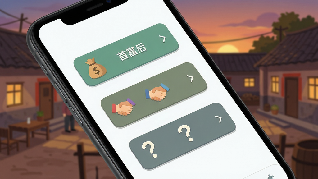 首富回村后剧情分支选择界面展示图,画面主体为手机屏幕特写,屏幕内显示三个对话选项按钮,背景是乡村小院黄昏场景,布局采用斜角透视,排版上选项按钮纵向排列,风格为扁平化UI插画,细节包括选项旁的小图标如钱袋、握手、问号,画质清晰,干净,无多余元素