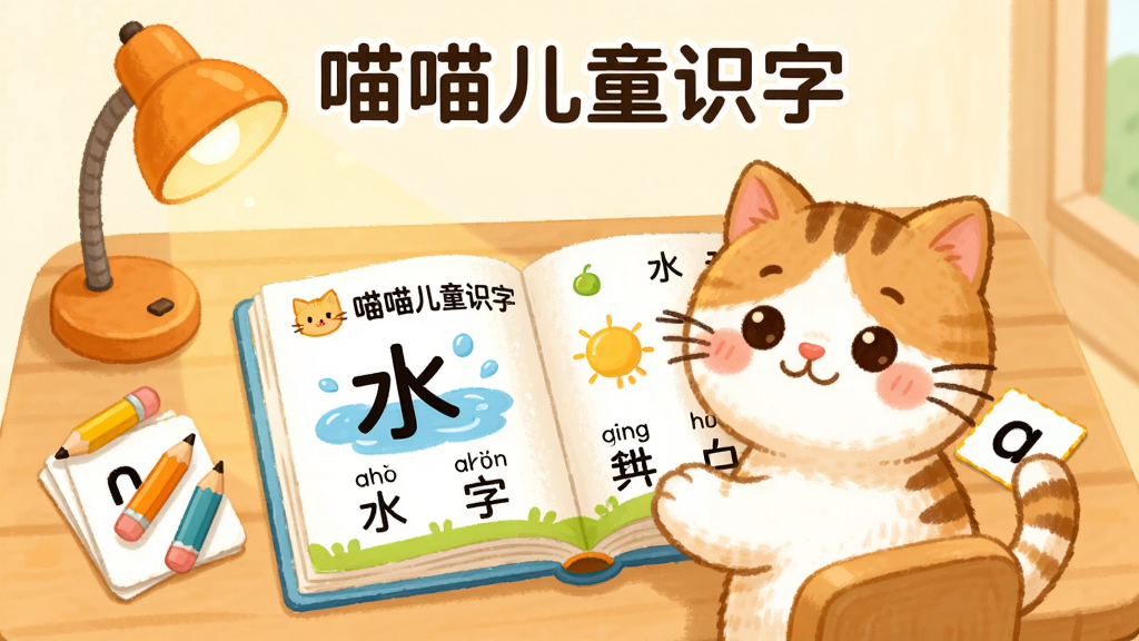 卡通小猫坐在书桌前,面前摊开一本写有“喵喵儿童识字”的彩色识字书,书上显示汉字“水”和它的拼音及组词,主体为小猫和识字书,布局为中央书桌、上方标题,排版简洁,风格为温馨儿童插画,细节包括台灯、铅笔、拼音卡片,画质高清、干净、无多余元素