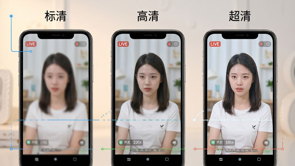 今映直播高清画质对比展示图,主体为三块并排的手机屏幕,分别标注“标清”“高清”“超清”,屏幕中播放相同的直播场景,布局横向排列,排版整齐,风格为清爽明快的信息图表风,细节包含清晰的画质差异与柔和的环境光,画质高清,干净,无多余元素