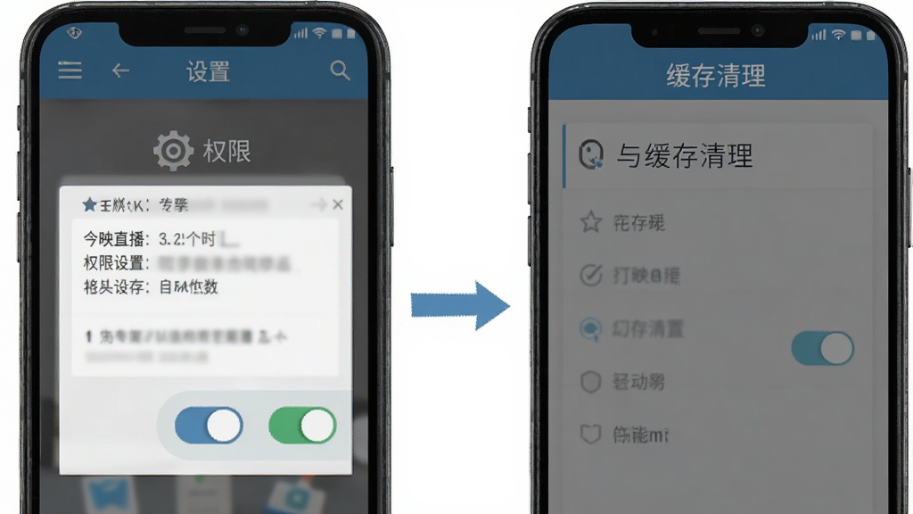 今映直播新手安装设置界面示意图,主体为手机屏幕显示权限设置与缓存清理页面,布局为上下分层,排版简洁,风格为扁平化教学图示,细节包含开关按钮与箭头引导,画质高清,干净,无多余元素