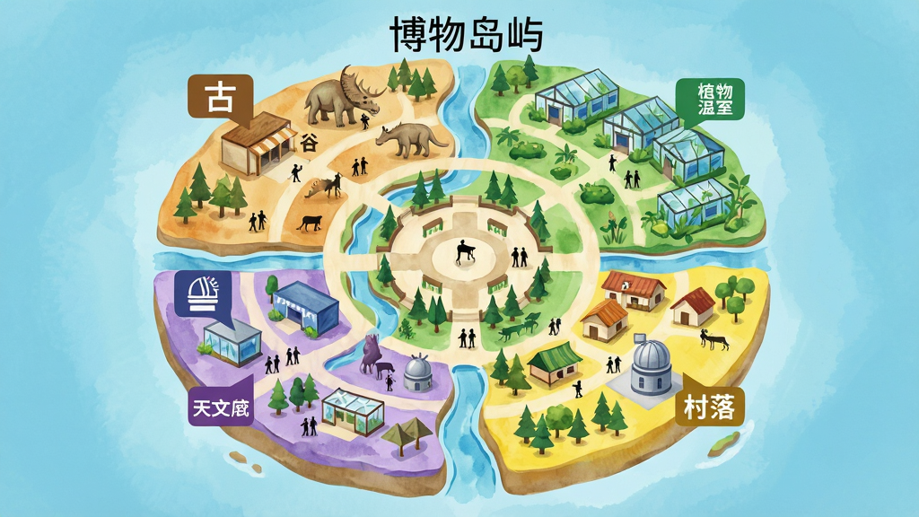 一张横向展开的虚拟岛屿地图插画,画面主体是名为