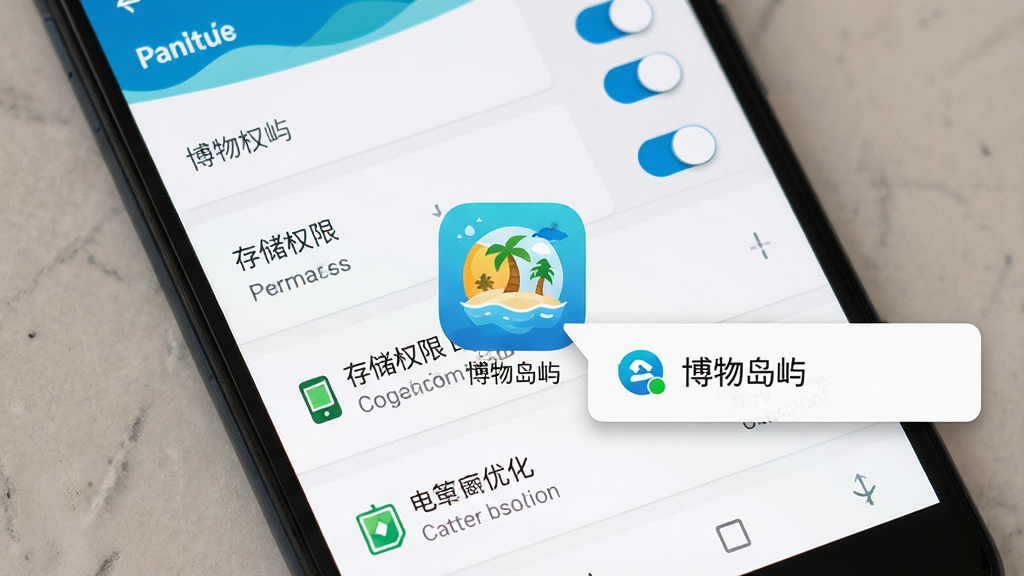一张手机屏幕展示安装权限设置界面,画面主体是安卓系统设置页面,布局从上到下依次为权限开关列表、存储权限、电池优化选项,画面中叠加一个名为