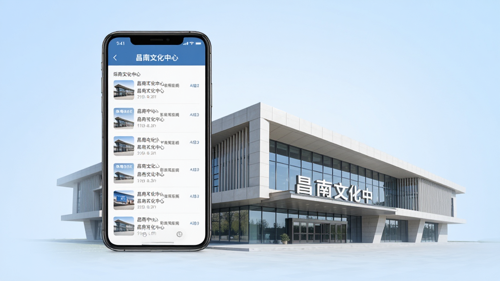 画面主体为昌南文化中心建筑外观与手机屏幕并排展示,屏幕内呈现场馆资讯列表,背景为淡蓝色渐变,建筑线条简洁,布局左右均衡,风格商务清新,细节清晰,画质高清干净,无多余元素