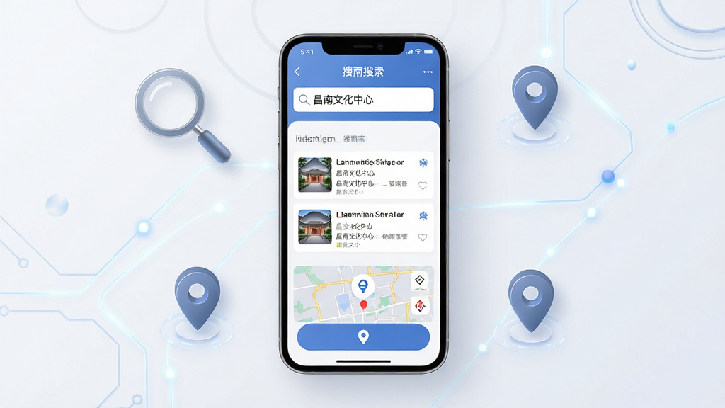 画面中央为手机屏幕展示昌南文化应用搜索界面,搜索框内显示“昌南文化中心”字样,下方为搜索结果列表与地图导航按钮,周围点缀放大镜与定位图标,布局居中,风格简约科技感,细节清晰,画质高清干净,无多余元素