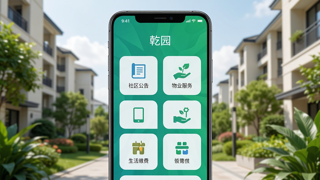 主体为一部安卓手机,屏幕中显示“乾园”应用主界面,界面包含社区公告、物业服务、生活缴费等图标,布局简洁清晰,排版居中,风格现代科技感,细节上手机周围环绕社区建筑与绿植元素,画质高清干净,无多余元素