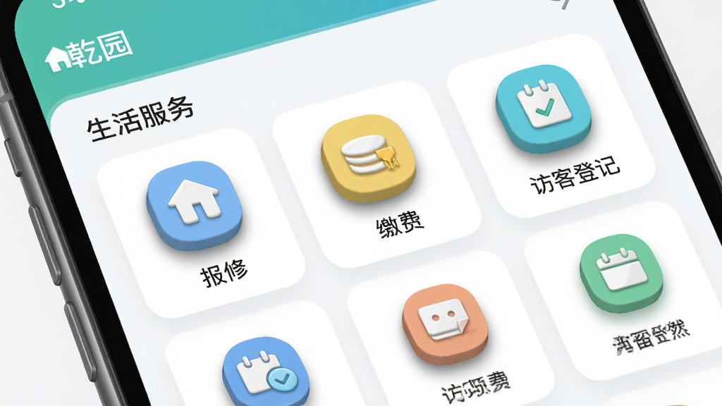 主体为“乾园”应用界面特写,屏幕中展示生活服务板块,包含报修、缴费、访客登记等图标,布局为网格状排列,排版整齐,风格清新简约,细节上图标带有立体阴影效果,画质高清干净,无多余元素