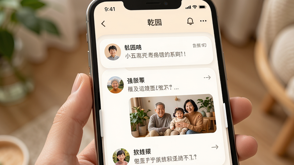 主体为“乾园”应用社交界面,屏幕中展示邻里动态列表,包含用户头像、文字内容与图片,布局为上下滑动信息流,排版清晰,风格温暖亲切,细节上界面带有柔和圆角与浅色背景,画质高清干净,无多余元素
