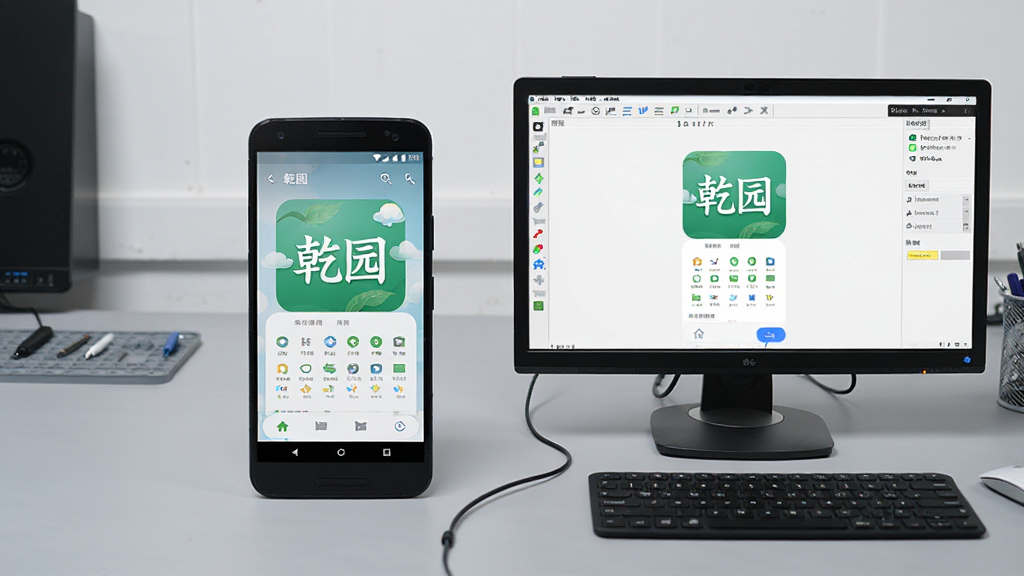 主体为一部安卓手机与一台电脑并排摆放,手机屏幕显示“乾园”应用界面,电脑屏幕显示安卓模拟器运行同一应用,布局为左右对比,排版简洁,风格科技实用,细节上背景为浅灰色工作台,画质高清干净,无多余元素