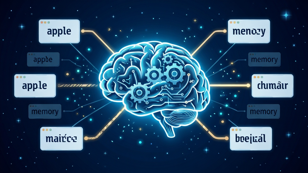 超会记单词智能记忆算法概念图,画面中心是一个发光的数字大脑,大脑内部有齿轮和电路纹理,大脑周围环绕着英文单词卡片,卡片通过发光的线条与大脑连接,线条粗细代表记忆强度。背景是深蓝色科技感星空,布局采用中心对称构图,风格为科技插画,细节包括卡片上的单词如\